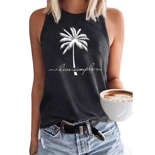 Coconut Tree Printed Crew Neck Casual Sleeveless T-shirt Women's Vest from Eternal Gleams