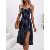 Polka dot print suspender dress with slit in various colors from Eternal Gleams