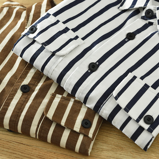 Youth Loose Fit Striped Cotton Cardigan Shirt - Japanese Retro Style, Available in White and Brown | Eternal Gleams