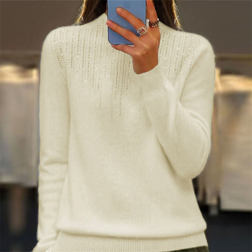 Women's Pullover Sweater Half-high Collar With Diamonds