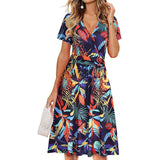 Chic V-Neck Wrap Dress with Pocket - Printed Mid Skirt from Eternal Gleams