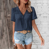 V-neck Solid Color Women's Lace Shirt from Eternal Gleams