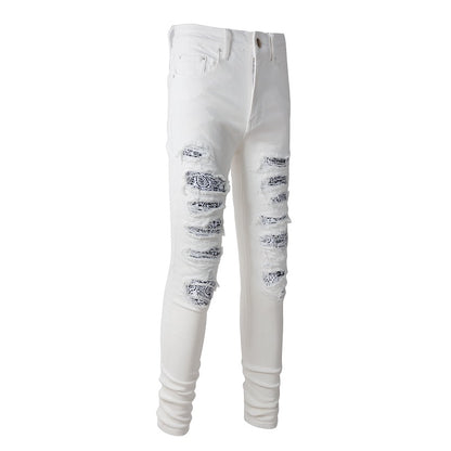 White Cashew Flower Patch Torn Jeans