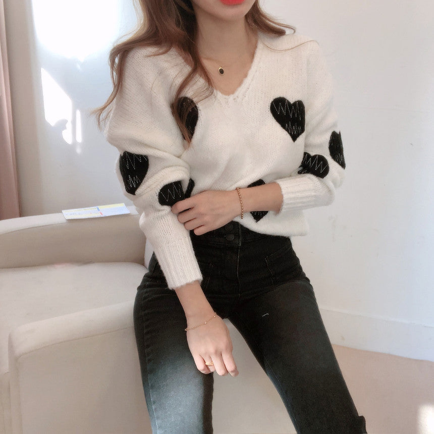 Women's V-neck Heart-shaped Embroidered Sweater Top from Eternal Gleams