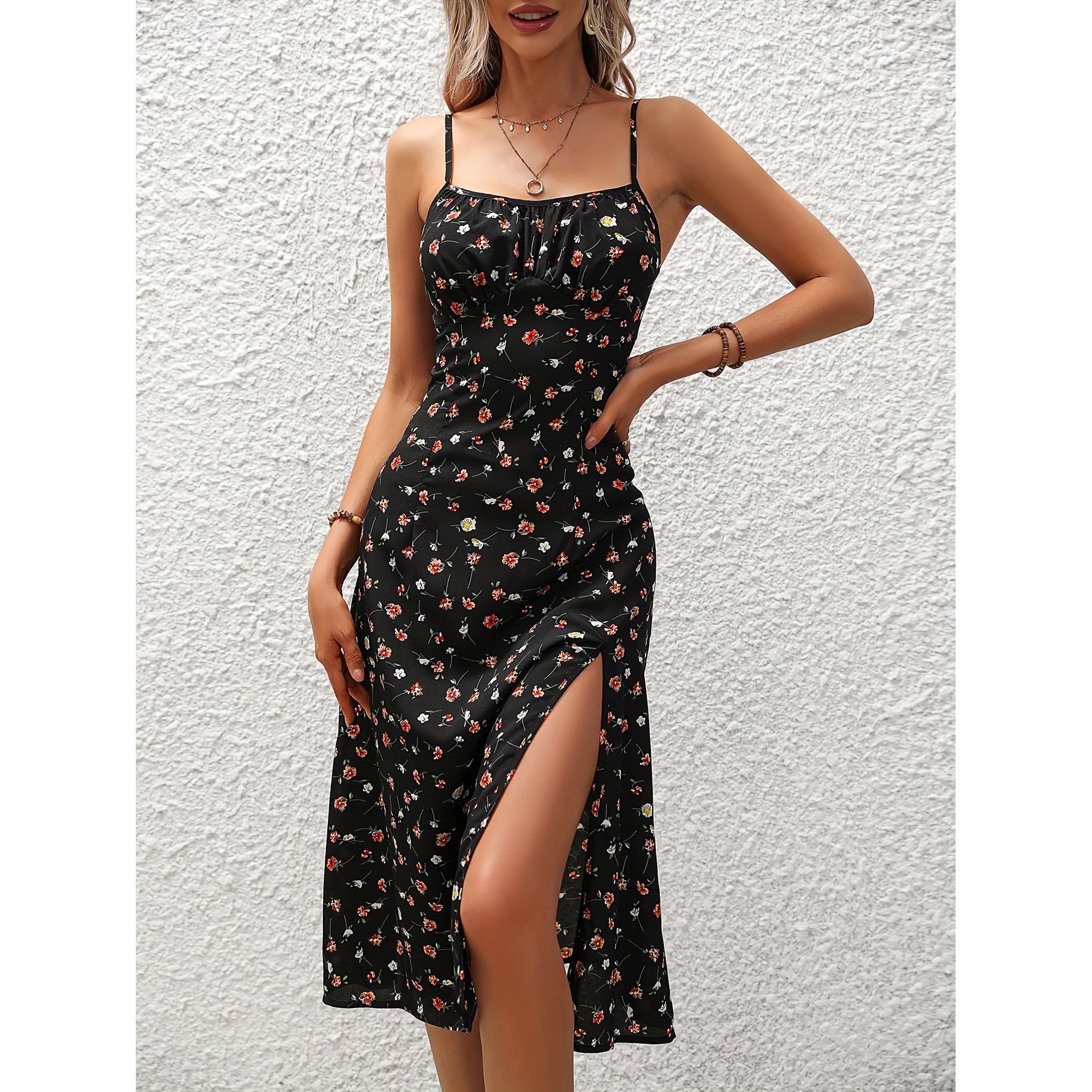 Polka dot print suspender dress with slit in various colors from Eternal Gleams