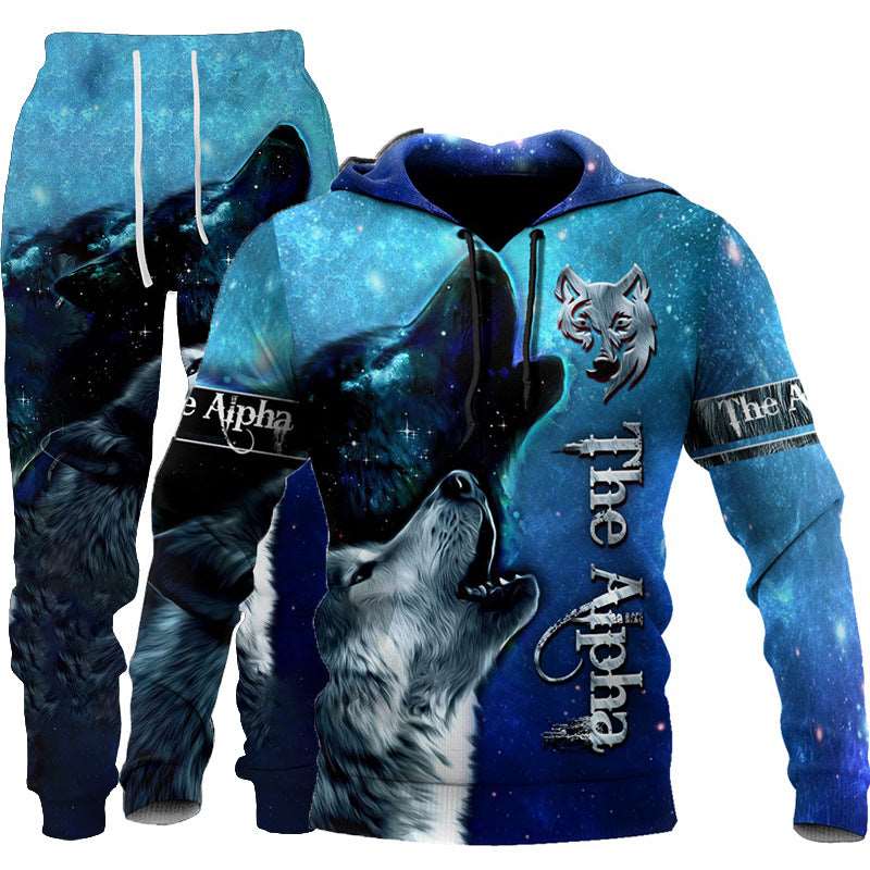3D Wolf Print Tracksuit Men Sportswear Hooded Sweatsuit Two Piece