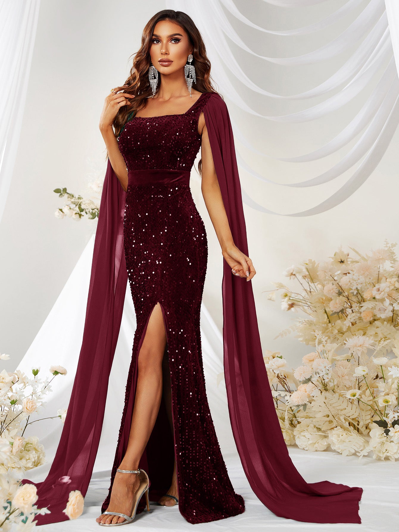 Elegant Wine Red Sequin Mesh Split Fishtail Dress from Eternal Gleams