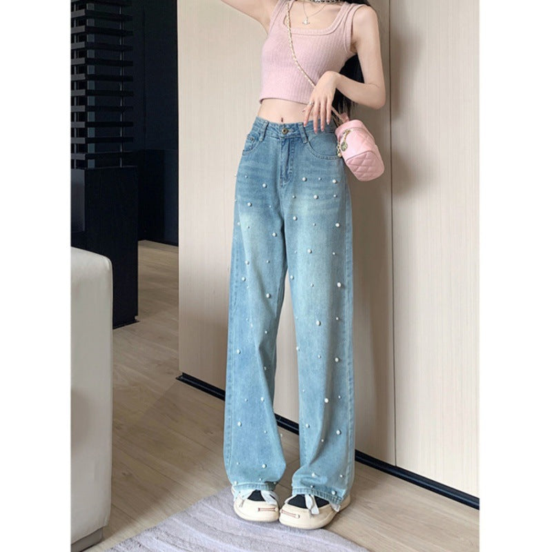 Pearl Straight Jeans High Waist Slim-fit Wide-leg Pants Women from Eternal Gleams