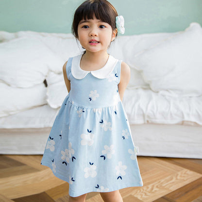 Toddler girl wearing a blue floral dress from Eternal Gleams, sizes 1T to 9T. 