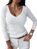 Women's V-neck Ribbed Long-sleeved Shirt from Eternal Gleams