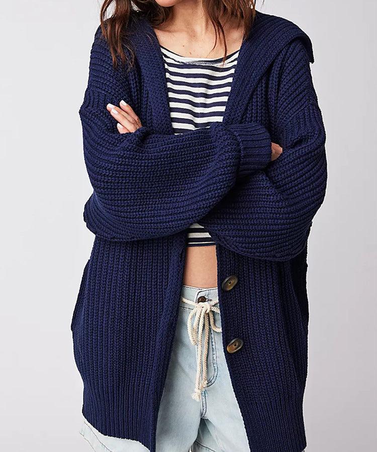 Women's Lapel Pocket Knitted Cardigan Button Mid-length Coat