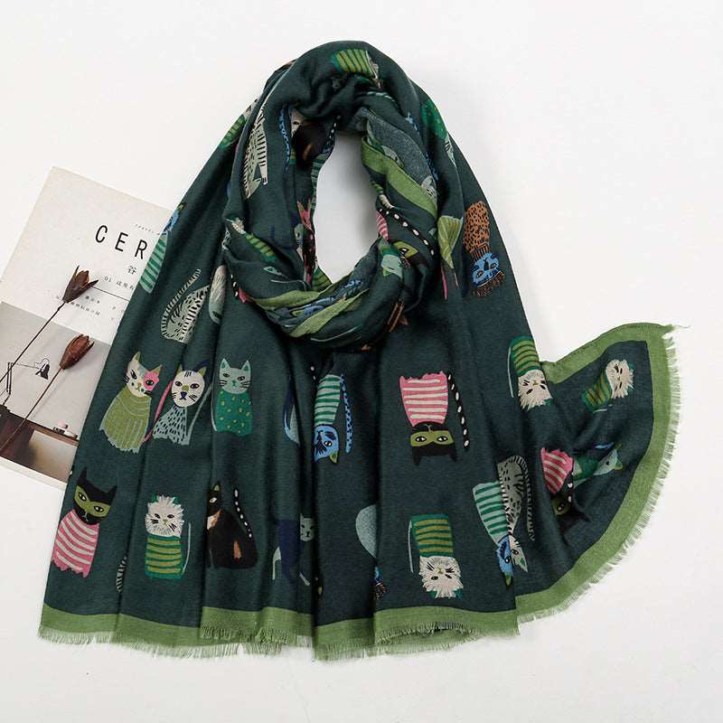 Autumn And Winter Polyester Long Scarf Female Cartoon Cat