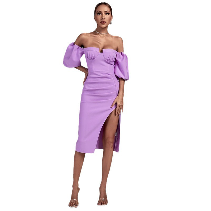 Chic Sophistication: Women's Solid Color Lantern Sleeve Bandage Dress from Eternal Gleams