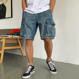 Men's retro casual PU high-end denim workwear shorts in blue from Eternal Gleams