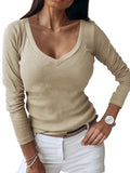 Women's V-neck Ribbed Long-sleeved Shirt from Eternal Gleams