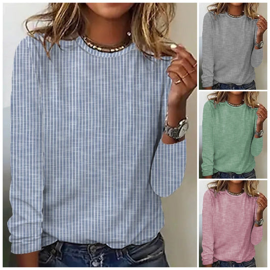 Loose Solid Color Striped Round Neck T-shirt For Women from Eternal Gleams