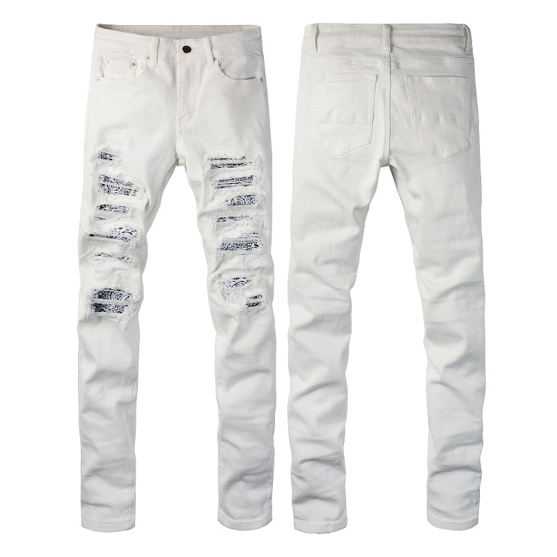 White Cashew Flower Patch Torn Jeans from Eternal Gleams