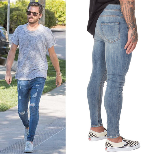 Skinny Stretch Men Washed Ripped Biker Jeans - Front View