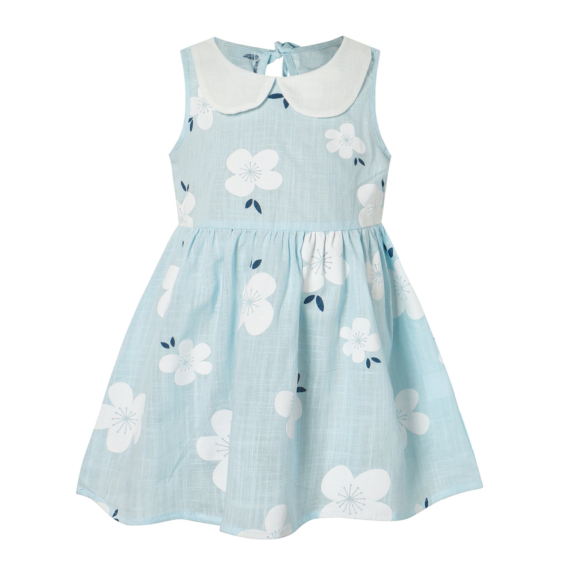 Toddler girl wearing a blue floral dress from Eternal Gleams, sizes 1T to 9T. 