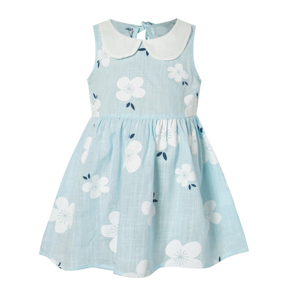 Toddler girl wearing a blue floral dress from Eternal Gleams, sizes 1T to 9T. 
