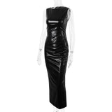 European and American Style Women’s Autumn PU Leather Dress - Split Long Dress