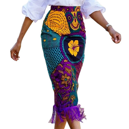 Taille haute imprimé couture gland hanche transfrontalière grande taille jupe de fête pour femmes