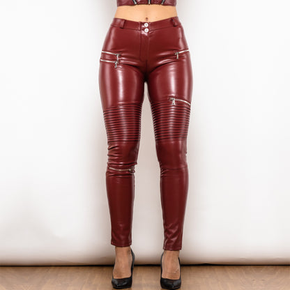 Four-Way Stretchable Super Tight Leather Motorcycle Biker Leggings - Front View