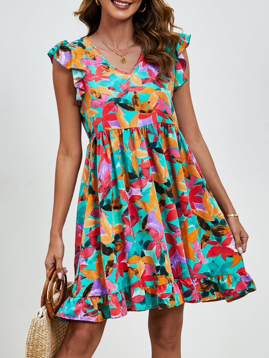 Fashionable summer leaf print V-neck ruffled sleeveless A-line dress from Eternal Gleams