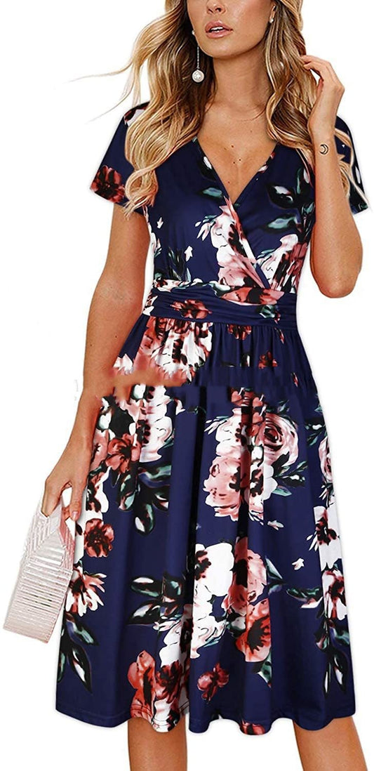 Chic V-Neck Wrap Dress with Pocket - Printed Mid Skirt from Eternal Gleams