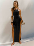 Strappy halterneck long dress with double side slits