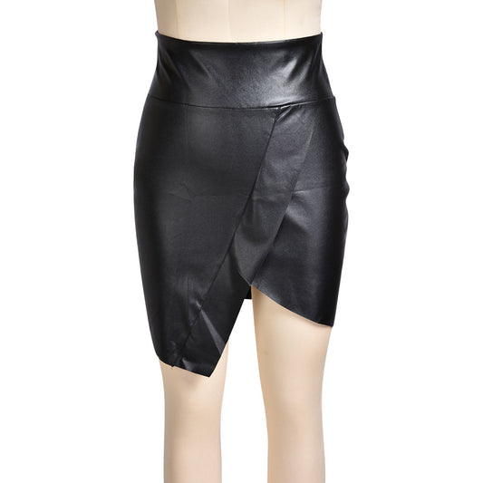 European And American Irregular Slit Black Leather Skirt from Eternal Gleams