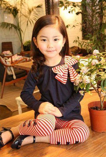 Chic Striped Bow Tie T-shirt and Leggings Set for Girls from Eternal Gleams