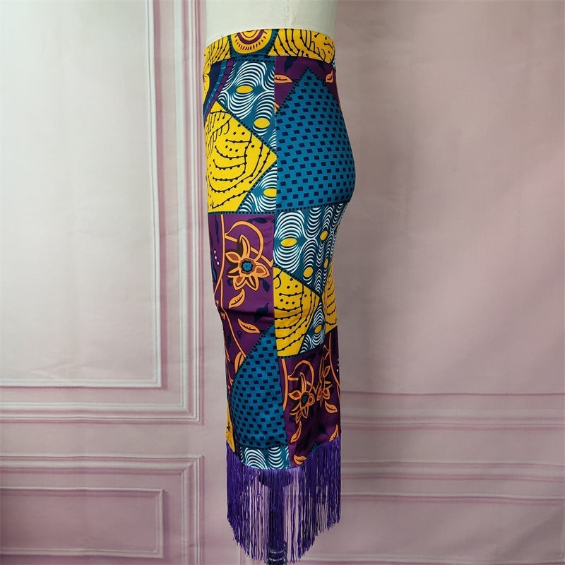 High Waist Print Stitching Tassel Hip Cross-border Plus Size Women's Party Skirt