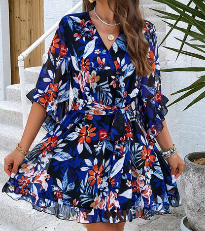 Blossom Breeze Summer Dress: Floral Print with Lace-Up Ruffles