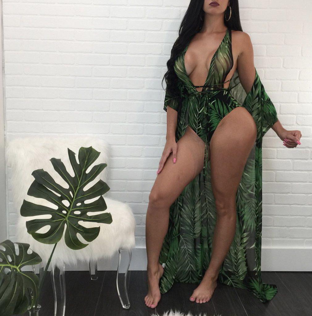 Goddess Green: Women's Bandage Swimwear with Leaf Print