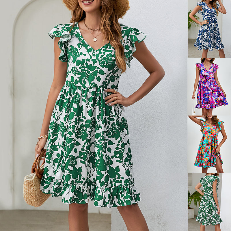 Fashionable summer leaf print V-neck ruffled sleeveless A-line dress from Eternal Gleams