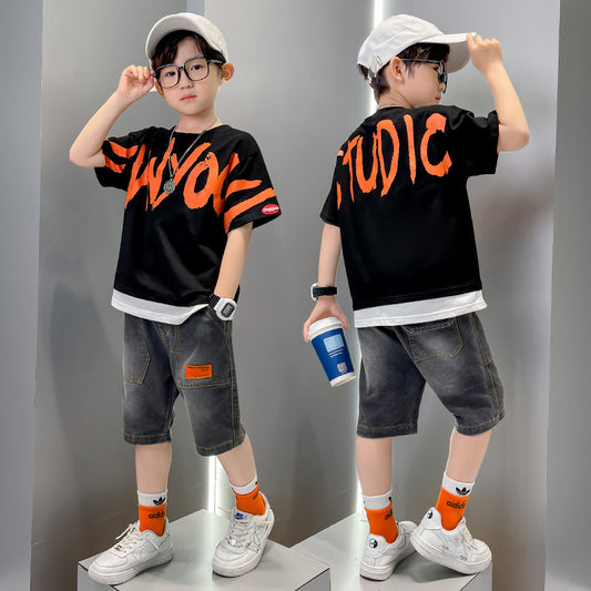 Trendy Boys letter print Outfits 4-13 years Summer Tops+jeans