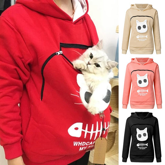 Damen-Kapuzenpullover mit Katzen-Haustier-Taschen-Design, langärmeliger Pullover, Katzen-Outfit