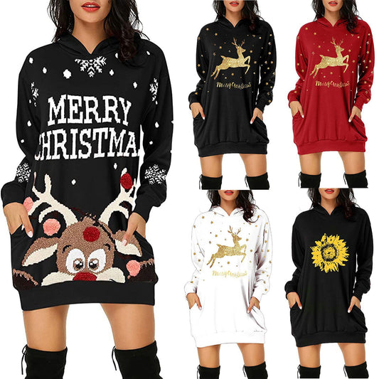 Weihnachts-Hot-Sale-bedruckter, mittellanger, langärmliger Pullover mit Taschenkapuze