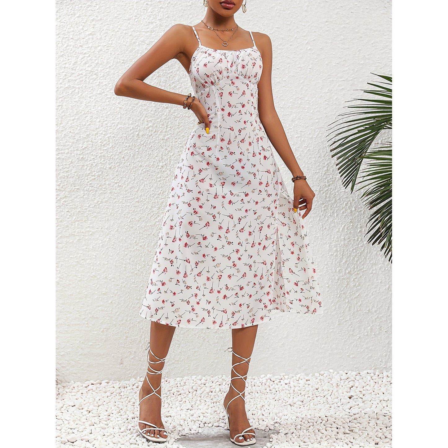 Polka dot print suspender dress with slit in various colors from Eternal Gleams