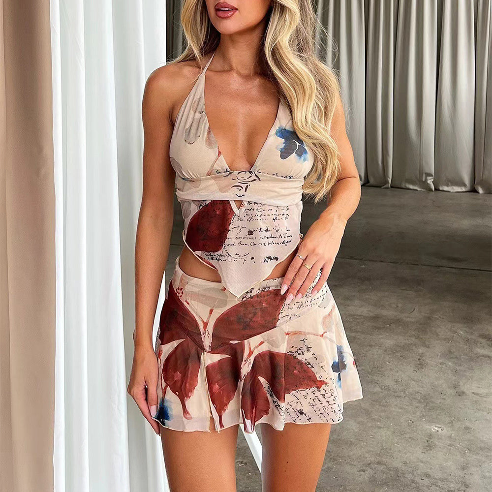 Woman wearing a summer sexy V-neck halter top and pleated short skirt set in printed pattern from Eternal Gleams