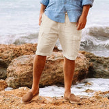 Men's casual vacation beach Hawaiian cotton linen multi-pocket workwear shorts from Eternal Gleams