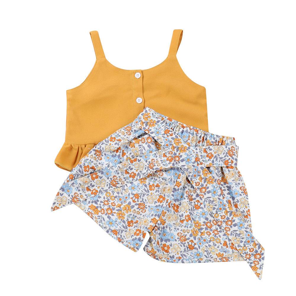 Blossom Bloom Set: Girls' Floral Suspender Top & Shorts