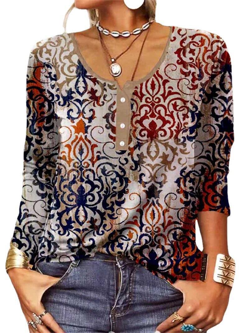 Women's Loose Long-sleeved Geometric Floral U-neck Button T-shirt from Eternal Gleams