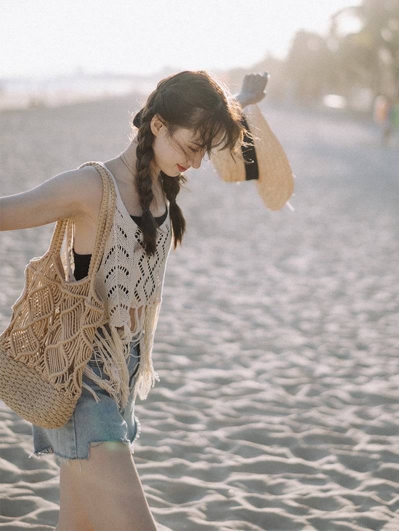 Bohemian Fringe Halter Top Hollowed-out Knit Vest