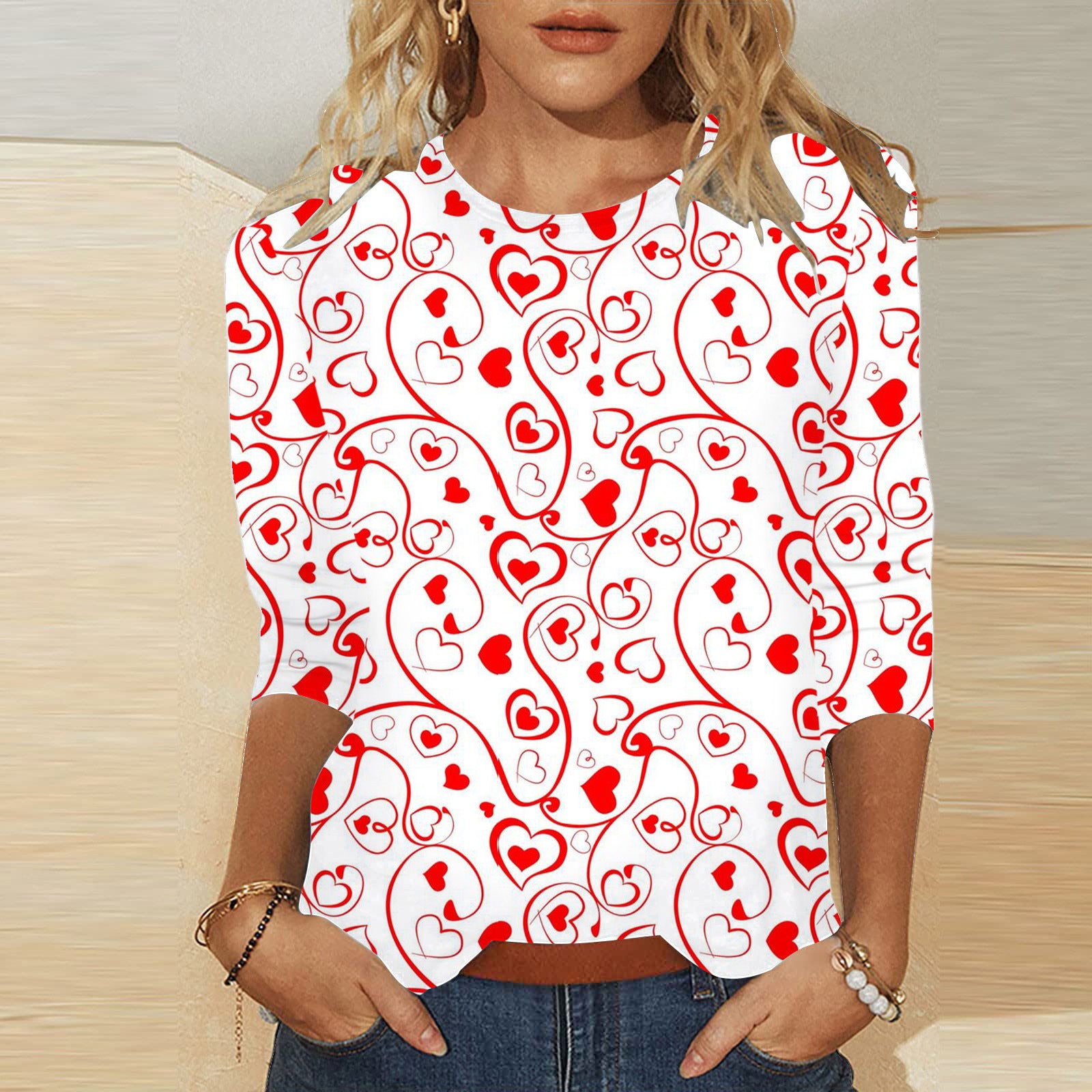 Valentine's Day Female With Hearts Printing Crew Neck T-shirt Top from Eternal Gleams