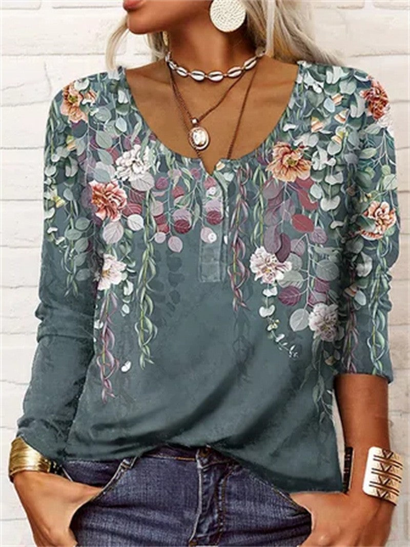 T-shirt ample à manches longues pour femmes, motif Floral géométrique, col en U, boutonné