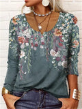 Women's Loose Long-sleeved Geometric Floral U-neck Button T-shirt from Eternal Gleams