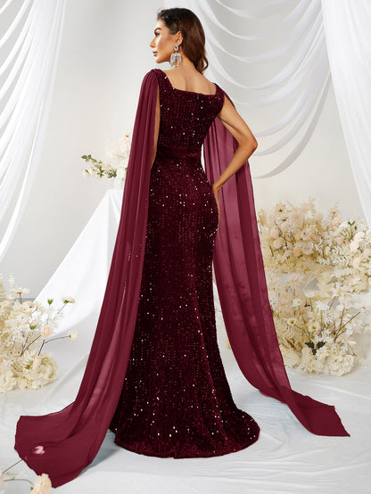 Elegant Wine Red Sequin Mesh Split Fishtail Dress