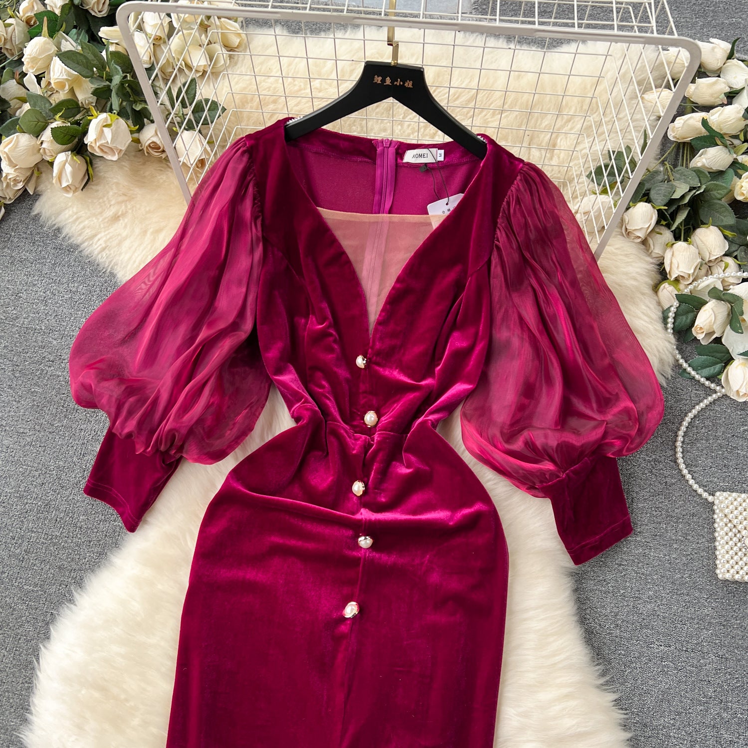 Opulent Elegance: Vintage Velvet Lantern Sleeve Dress in Rose Red from Eternal Gleams